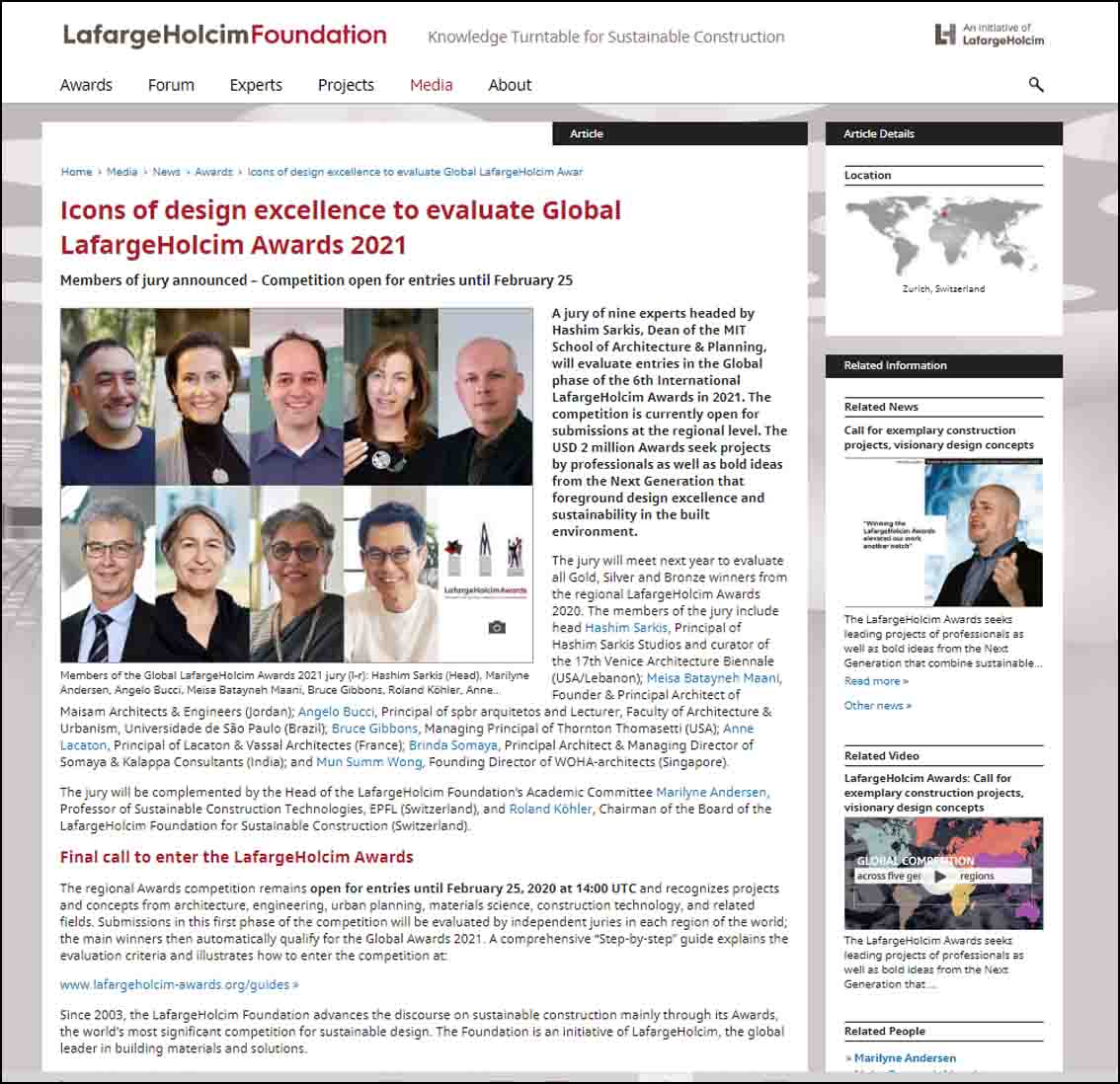 Icons of design excellence to evaluate Global Lafarge Holcim Awards 2021 - February 2020